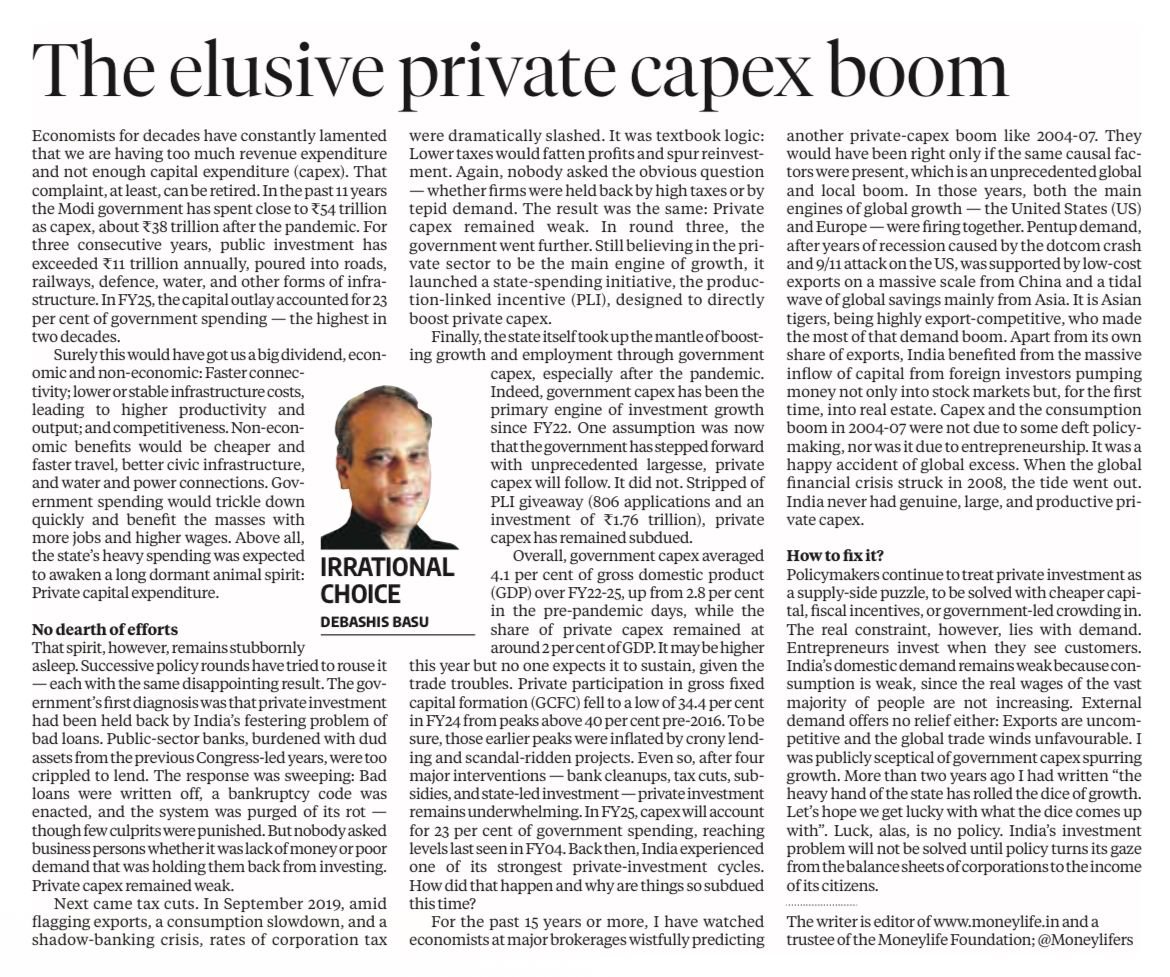 SushantSin's tweet image. &quot;India never had genuine, large and productive private capex.... India&apos;s investment problem will not be solved until policy turns its gaze from the balance sheets of corporations to the income of its citizens.&quot;
