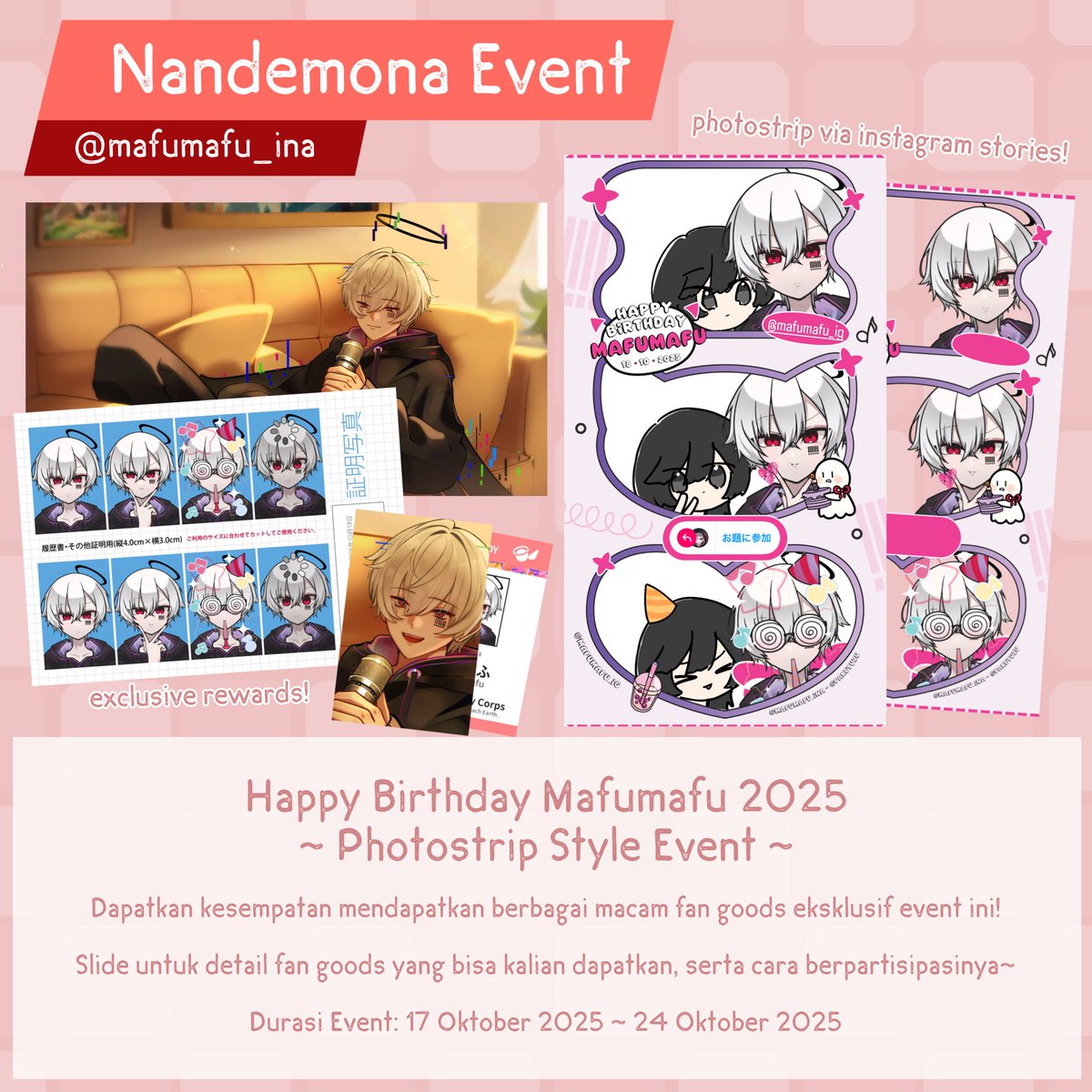 [#Mafumafu Birthday 2025]

HALO SEMUANYA~!!! Sebentar lagi doi kita ultah nihhh 👀 

Dalam rangka merayakan ultah beliau tahun ini, aku mau adain online event via instagram, sekaligus giveaway untuk teman-teman semua~ Yuk dicek sampai akhir ya~

(1/5)

#utaite #comifuro21