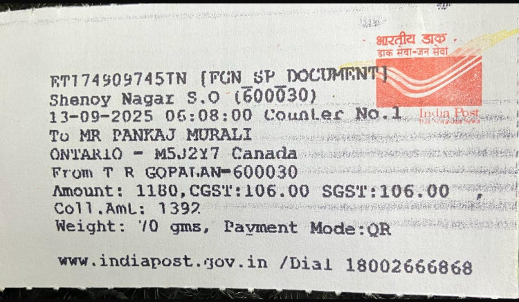 drtrgopalan's tweet photo. @JM_Scindia , Sir I sent an important docoument to Toronto , Canada from Shenoynagar PO , Chennai TN on 13/9. Filed a complaint about it’s not reaching on 3/10 and said I would get a report in 3 days . Today’s tracking status is attached . Please help Sir , highly grateful 😂 https://t.co/mpwmeHuNOo
