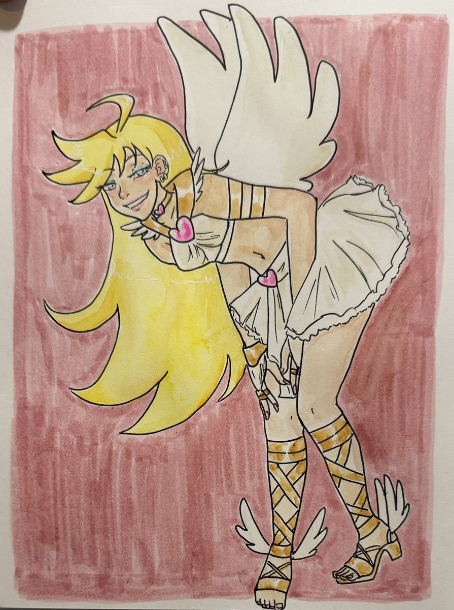 OwlPixelated's tweet photo. Super late post is late but I had a busy day going out and drawing animals at the zoo. This one was fun to draw my favorite angel Panty. I need to watch the second season. Done with Strathmore marker paper, Faber Castell fineliners, Daniel smith watercolour and one tombow marker. https://t.co/F3GeNLaZ7a