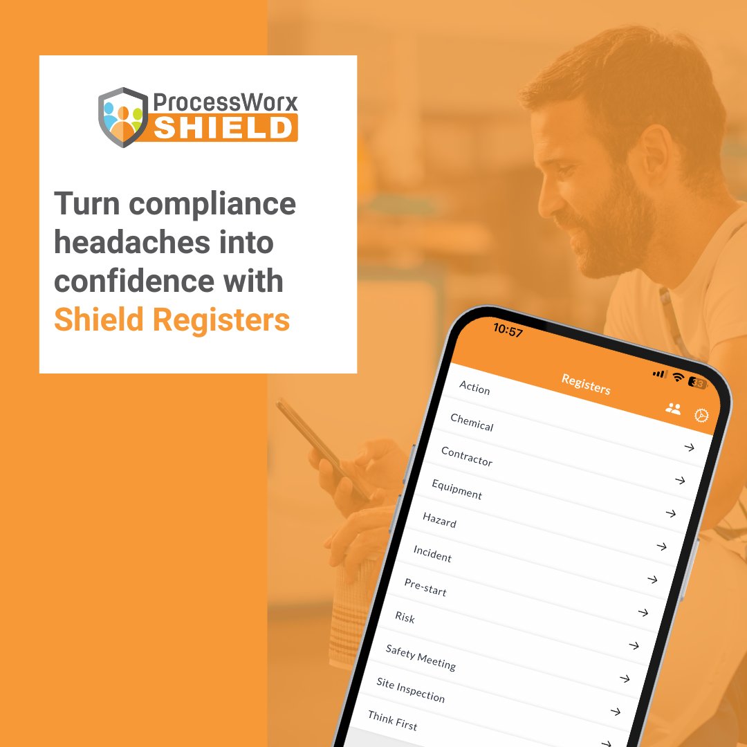 processworx's tweet photo. Shield Registers bring everything together in one secure app, right on your phone.

Log hazards, incidents, equipment checks and training in minutes, so your team stays safe and your business stays compliant.

Contact us here to get started: https://t.co/zAQrHjeBdg https://t.co/Jqs5aSgmAW