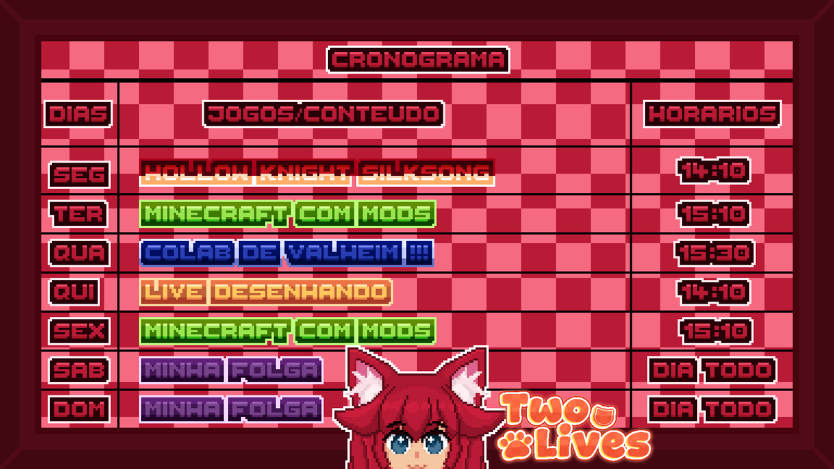 Danilow_rc's tweet photo. BOOOM DIAAA pessoal, como vocês estão ? espero que bem.
aqui eu trago o novo cronograma de live dessa semana
então toma seu cafe e venha comigo !!!
#vtuberbr #TwoLives_OFC #pixelarte https://t.co/p8HrfSK9gj