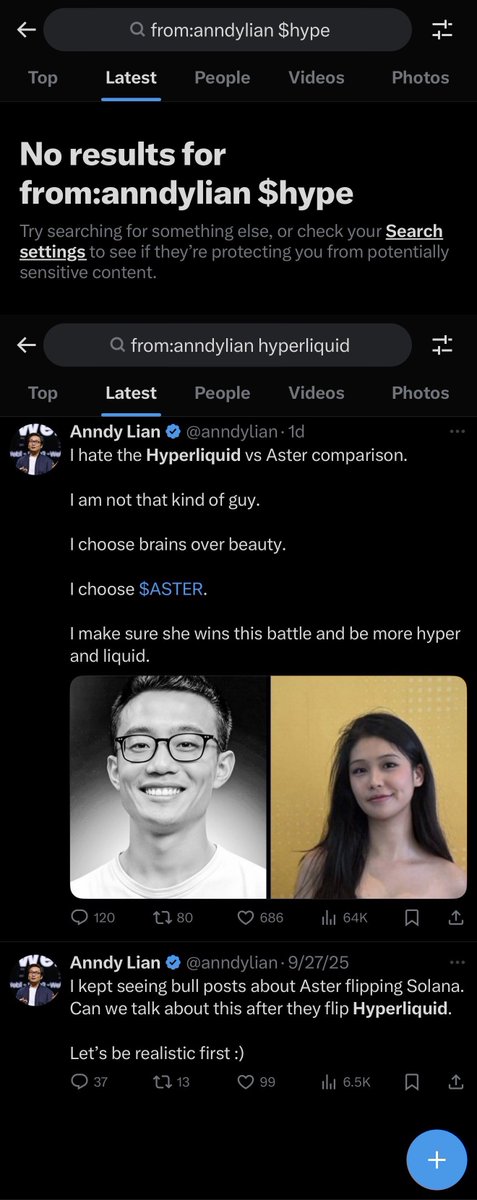 <a href="/anndylian/">Anndy Lian</a> Such an awful take normalizing wash trading is bad for the industry

“I am commenting on this fairly as an observer”

>Zero posts about HYPE and only two posts mentioning HL which Aster was also referenced

>Meanwhile almost every other post is about Aster

Worst thing Aster