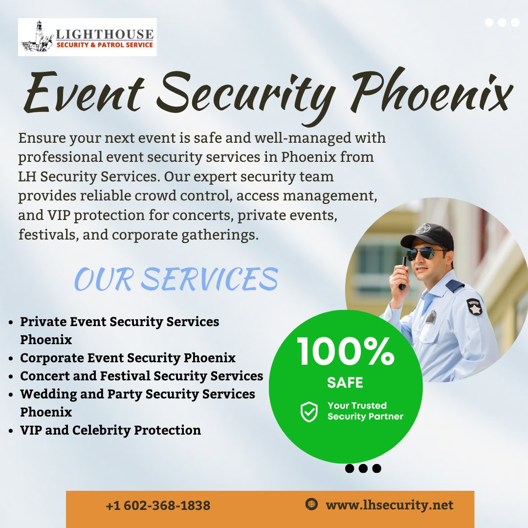 service_patrol's tweet photo. Event Security Phoenix :
Ensure your next event runs smoothly with professional Event Security in Phoenix by LH Security Services. Trust our trained guards to keep your guests and venue safe. 
Visit Us : https://t.co/O4xDTDtac9
#EventSecurity #PhoenixEvents #LHSecurityService https://t.co/CMG2wKlERf