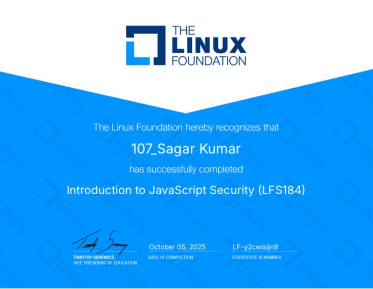 SaGaRSi39958577's tweet image. Just earned my “Introduction to JavaScript Security” certificate from the Linux Foundation!
Learned about key JS vulnerabilities like XSS, CSRF, SSRF, session hijacking & supply chain attacks — and how to secure apps from them.
#WebSecurity #JavaScript #LinuxFoundation #WebDev