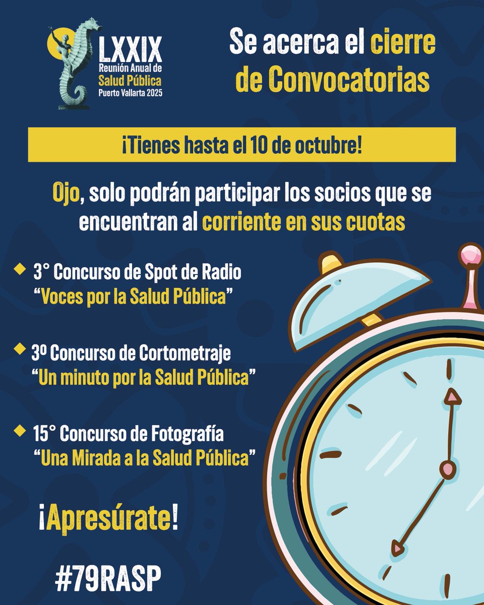 ⏰ ¡Último llamado para participar en las convocatorias de la #79RASP!

📅 Tienes hasta el 10 de octubre para enviar tu propuesta.

✅ ¡No dejes pasar la oportunidad de difundir tu talento y tu voz por la salud pública!
