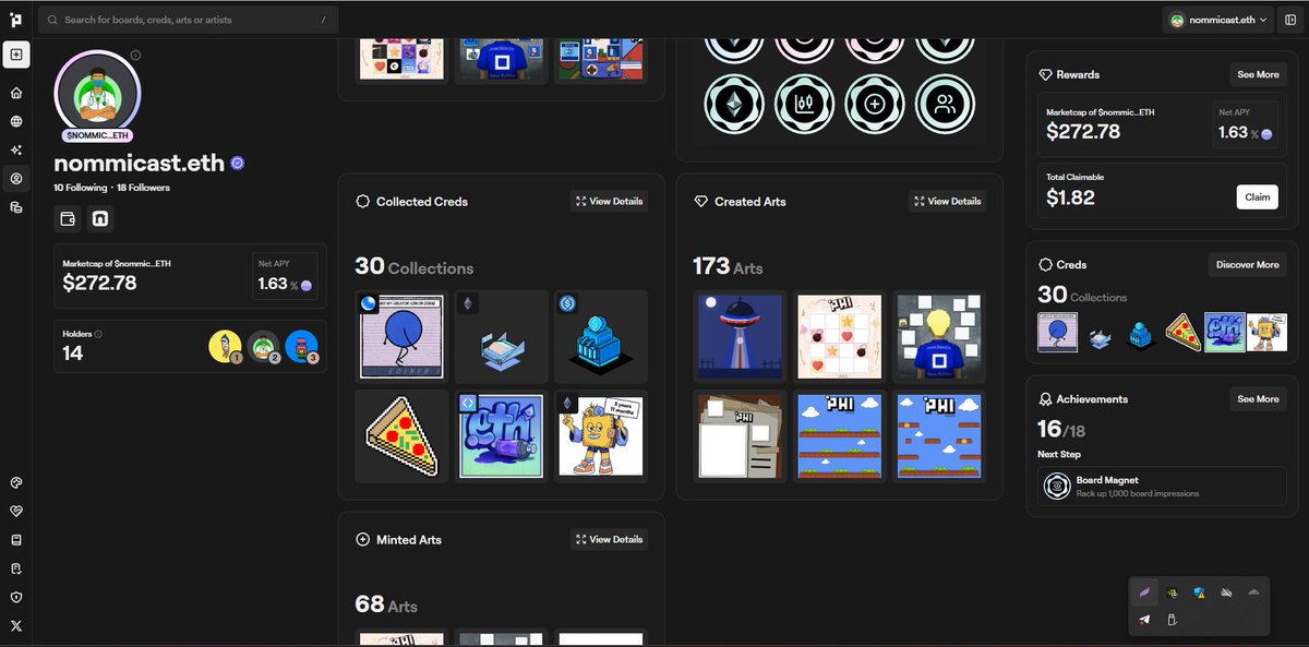 A long journey on <a href="/phi_xyz/">$phi</a> 
30 Cred Collections, 173 artworks, and 16/18 achievements unlocked.
Still building my onchain story, one Cred at a time.😊🔥