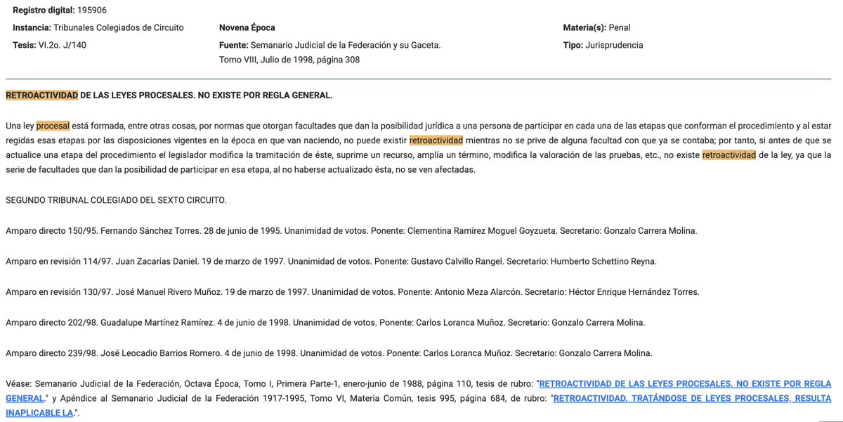 JoseMarioMX's tweet photo. ⚖️🔥 En materia procesal la ley nueva se aplica hacia adelante. Cada derecho del justiciable nace con un acto concreto del juicio. Ejemplo: el derecho a apelar nace cuando te notifican la sentencia. Si después cambian la ley, no pueden quitarte ese recurso ni acortarte un plazo ya corriendo; eso sería retroactividad en perjuicio y lo prohíbe el art. 14. En cambio, si la etapa aún no empieza, la ley nueva sí puede regirla; y si mejora defensas o amplía plazos, puede aplicarse por ser favorable. Esta es la línea del Pleno (1988) y de los TCC (1991/1998; VI.2o. J/140).

El nuevo transitorio de la Ley de Amparo rompe ese principio: ordena aplicar la nueva ley a todos los juicios en trámite, sin distinguir si las etapas procesales ya estaban en curso. En los hechos, impone una retroactividad procesal generalizada, que altera reglas, plazos y facultades previamente existentes. Una medida así no sólo contradice el criterio sostenido por la @SCJN desde 1988, sino que colisiona con el núcleo del debido proceso y la garantía de certeza en los procedimientos judiciales.