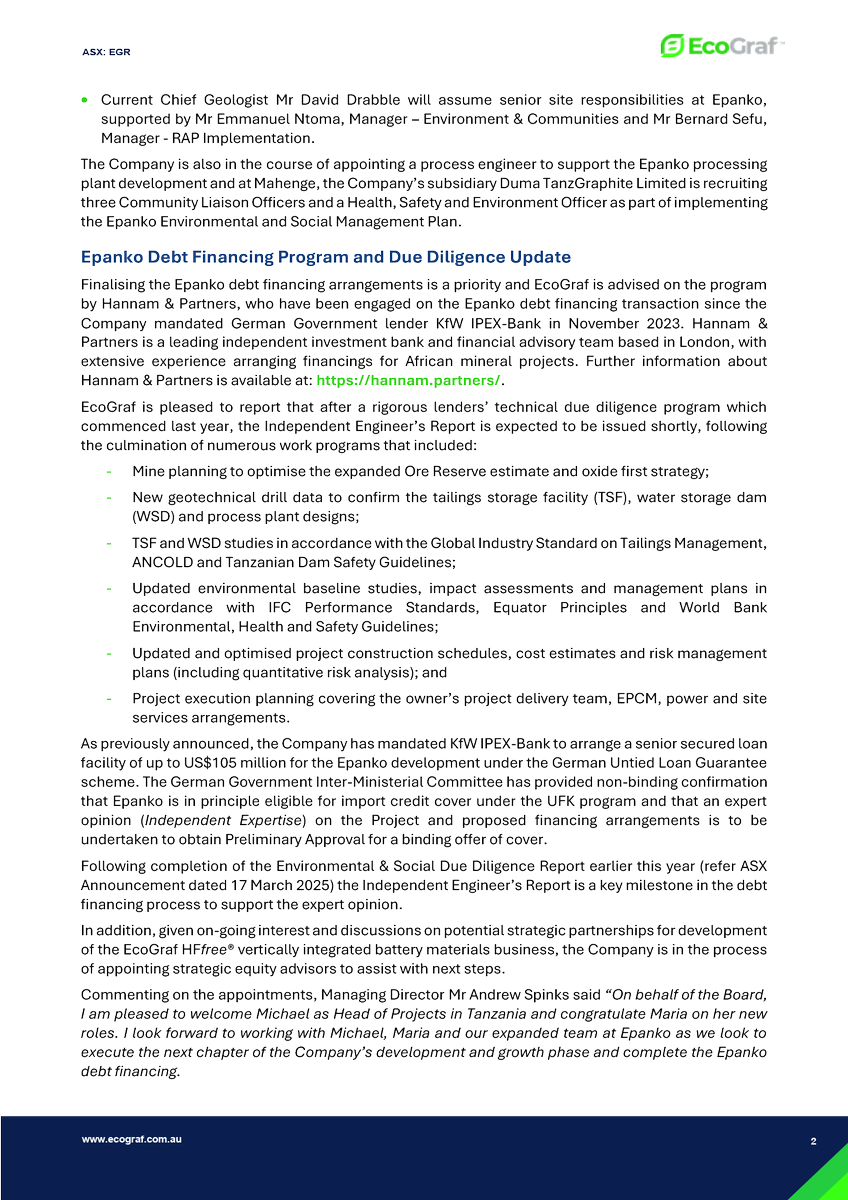 EcoGraf's tweet photo. EcoGraf® Limited (ASX: $EGR, FSE: $FMK) Management Changes and Epanko Update.

Read full release > https://t.co/kN1y7PV5v4 https://t.co/kycyPUtAzE