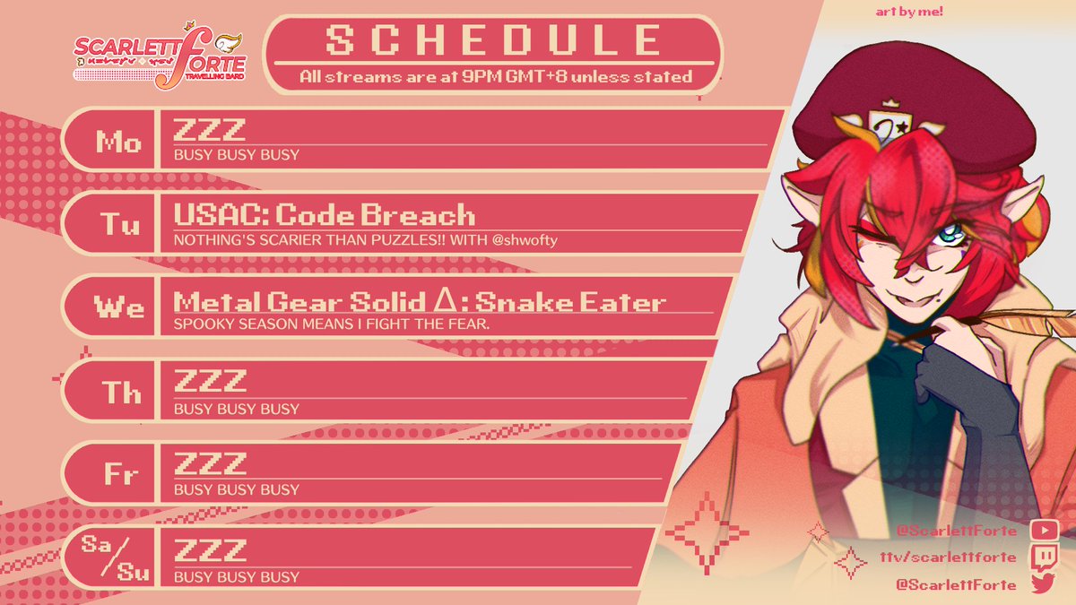 Schedule for Oct 6 - 12!

Collab with <a href="/shwofty/">Shwofty</a> tomorrow plus starting spook season with The Fear's boss battle in MGSΔ!