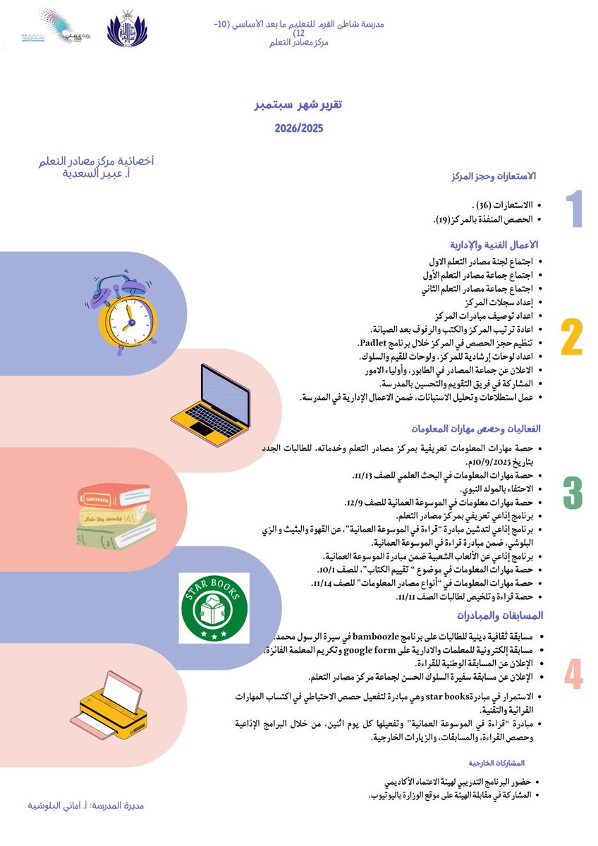 مؤشرات الأداء لمركز مصادر التعلم لشهر سبتمبر، لمدرسة شاطئ القرم للتعليم ما بعد الأساسي ١٠-١٢.
<a href="/majdaalakhzami/">ماجده بنت فريش الأخزمية</a> <a href="/Lrc_2021/">مراكز مصادر التعلم مسقط</a>
