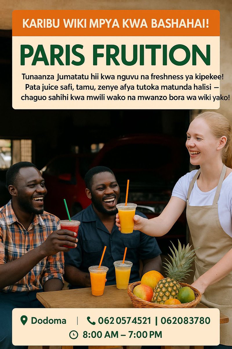 Paris_Fruition's tweet image. 🍹Karibu Wiki Mpya kwa Bashasha!
#ParisFruition tunaanza Jumatatu hii kwa nguvu ya kipekee!  
Juice safi, tamu, zenye afya kutoka matunda halisi chaguo sahihi kwa mwili wako na wiki yako

📍Dodoma
📞0620574521 | 0750823780
⏰ Saa: 8:00 AM – 7:00 PM  

#JuiceYaKibabe #FreshWeek