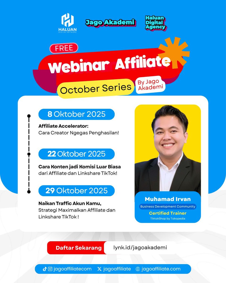 jagoaffiliate's tweet photo. Komunitas Jago merapat!
FREE Webinar Online – October Series hadir kembali untuk kamu yang mau cuan!

Coming soon , tunggu info selanjutnya dari kami ya

#jagoakademi #affiliate #bangkitbarengjadijago https://t.co/izSCqK42OE