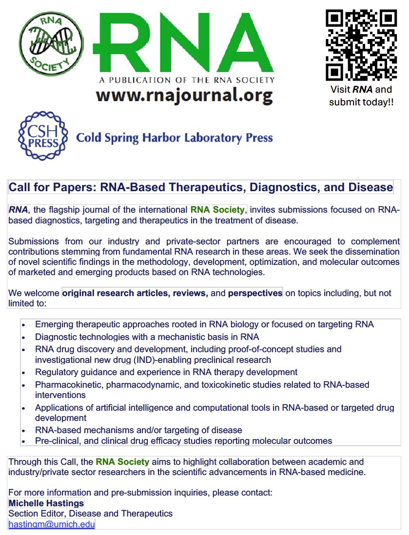 RNASociety's tweet image. @RNAJournal Call for Papers on RNA-based Therapeutics, Diagnostics, and Disease!