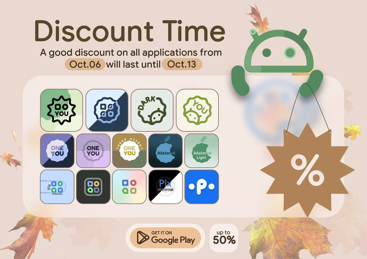 #Sales #Discounts 
💥 From October 06 to October 13, good discounts on all applications...

Get a Discount: pashapumadesign.com/#t=icons