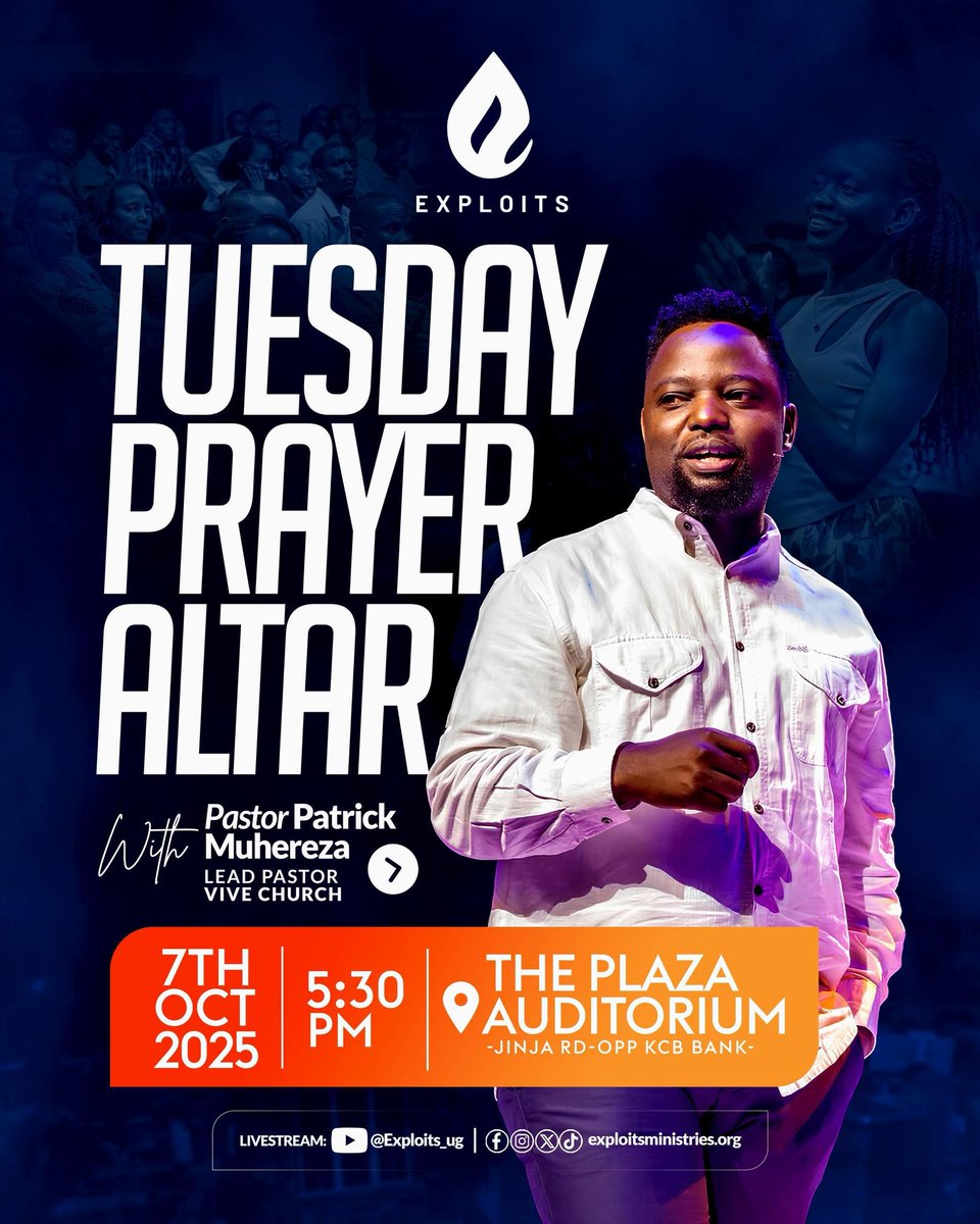 exploitsug's tweet image. A blessed new week, family!
Tomorrow, we invite you to join us once again for the Tuesday Prayer Altar where we will be joined by Pastor @patrezah, Lead Pastor of @thevivenation.
⏰ Doors open at 5:30PM
📍 The Plaza Auditorium - Jinja Road (opp. KCB Bank)