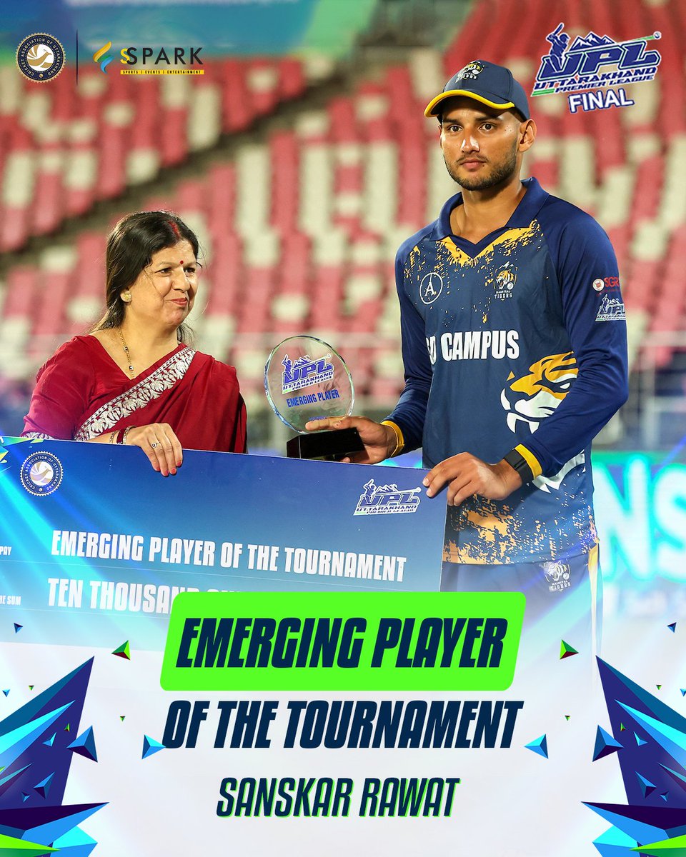 t20_upl's tweet photo. Sanskar Rawat was named Emerging Player of the Tournament in UPL 2025! Shashwat Dangwal collected the award on his behalf. ✨🏏

#UPL #UPL2025 #EmergingPlayer https://t.co/q5GRUP2Yat