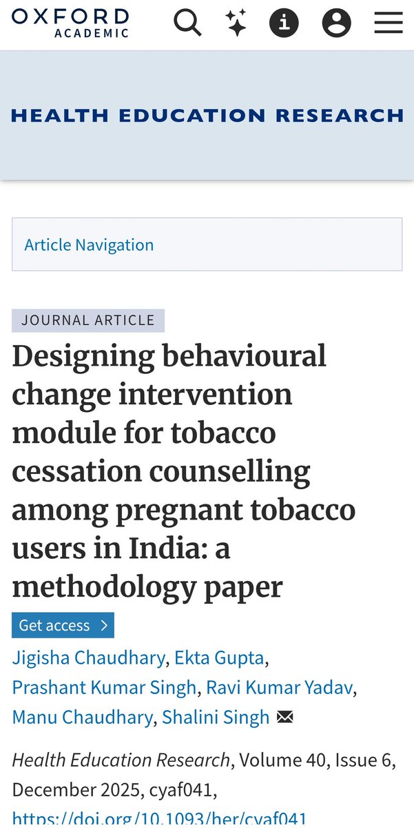 #PublicationAlert
🎯 Our new study shows significant #tobacco #cessation success among #pregnant #women in India using culturally-adapted counseling tools.

First-of-its-kind gender &amp; culture-specific intervention for pregnant tobacco users🤰🏻
📖 Read more: doi.org/10.1093/her/cy…