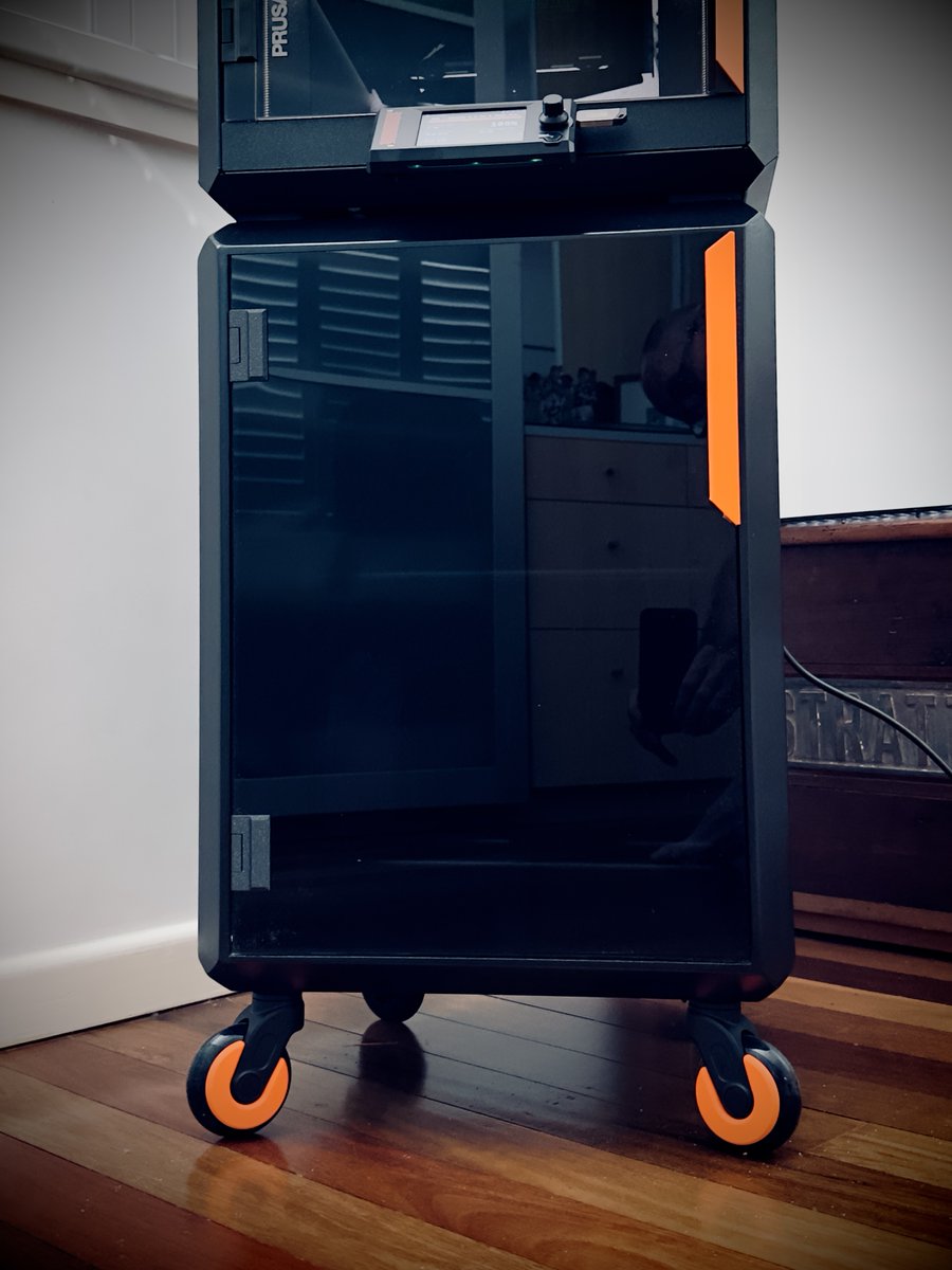 bitingmidge's tweet image. Almost finished the @Prusa3d CoreOne base.  MDF and a surprising number of bits in @prusament . Will post details on @Printables when it&apos;s done.  The filament racks are in, the electrical bits for the drying cupboard are waiting for #MMU4! 🤪