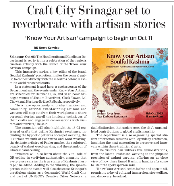 dohhkmr's tweet photo. Dear friends,
Be with us on October 11 (SATURDAY) at Jhelum Riverfront, near Karbone Restuarant, for 'KNOW YOUR ARTISAN' campaign. It will be a memorable experience, we assure you that. 
@diprjk @OfficeOfLGJandK @CM_JnK @Surinderch55 @TexMinIndia @handicraftsdc @mussarat_zia https://t.co/Z1k04nzcsn