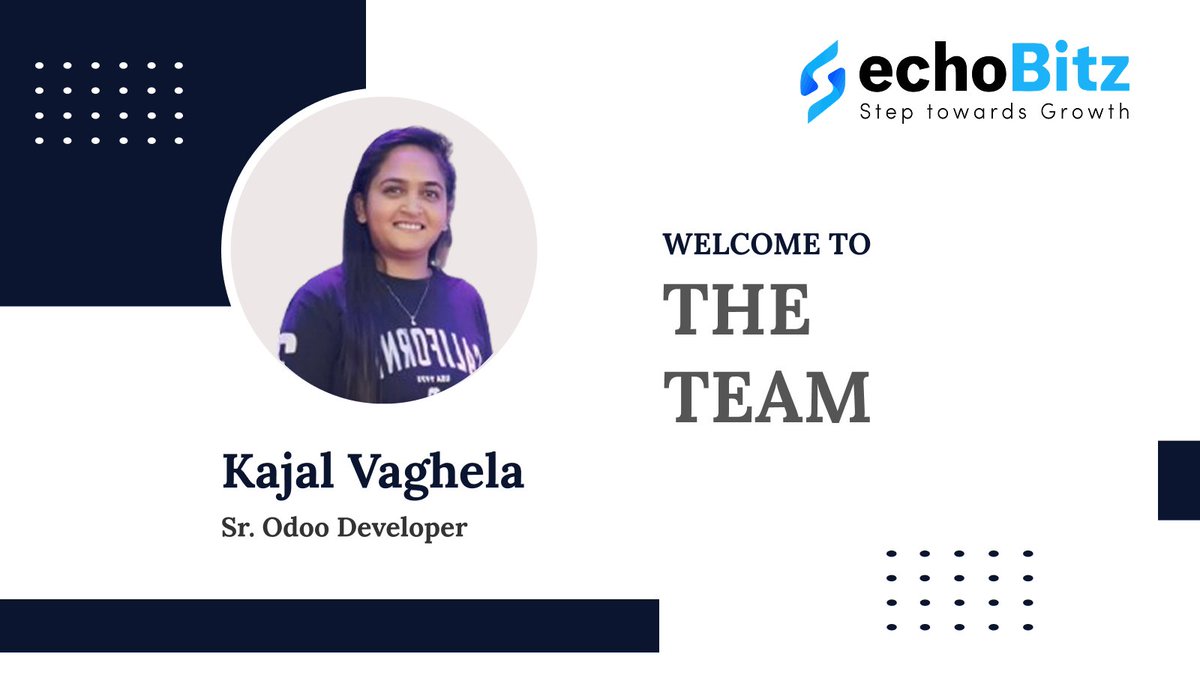 echoBitzIT's tweet image. 🚀 Excited to welcome Kajal Vaghela to the echoBitz family as our new Sr. Odoo Developer! 🎉
Her skills & passion for innovation will help us build smarter digital solutions together. 💡
Welcome aboard, Kajal! 👏
#WelcomeToTheTeam #echoBitz #OdooDeveloper #TeamGrowth