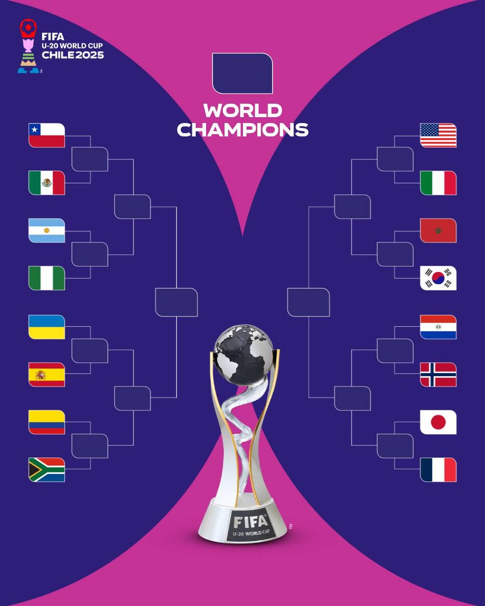 UnplayableZA's tweet photo. 𝗟𝗔𝗦𝗧 𝟭𝟲

🇨🇱 Chile v Mexico 🇲🇽 
🇦🇷 Argentina v Nigeria 🇳🇬 
🇺🇦 Ukraine v Spain 🇪🇸 
🇨🇴 Colombia v South Africa 🇿🇦 
🇺🇸 United States v Italy 🇮🇹 
🇲🇦 Morocco v Korea Republic 🇰🇷 
🇵🇾 Paraguay v Norway 🇳🇴 
🇯🇵 Japan v France 🇫🇷 

#Fifau20Worldcup 
#UNPLAYABLE https://t.co/4SNAw3b47i