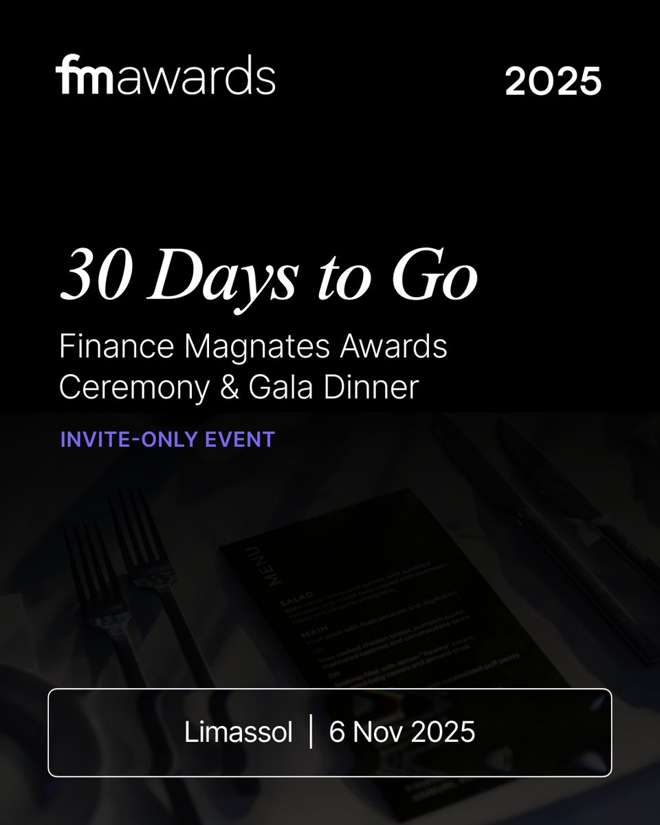 financemagnates's tweet image. ⏳ 30 Days to Go! The Finance Magnates Awards Gala is on Nov 6 in Limassol, Cyprus! 🏆 Official nominees: join us for winners’ announcements, networking, fine dining & celebration of innovation. 🌟 #FMAwards2025 #FinanceMagnates #GalaDinner