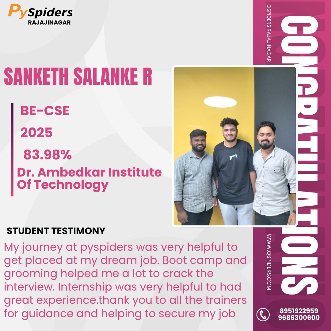 QRajajinagar's tweet image. 🎉 Congratulations Sanketh Salanke R on achieving your dream with PySpiders Rajajinagar! 🚀
Your journey of dedication, boot camps, and 
#PySpiders #QSpiders #StudentSuccess #CareerGrowth #ITTraining #CodingJourney #FutureEngineer #SuccessStory #SoftwareTesting #PlacementSuccess