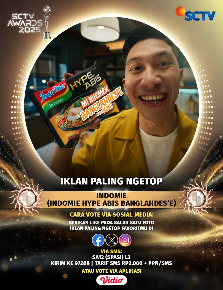 Yuk, dukung Indomie - Indomie Hype Abis Banglahdes'e untuk memenangkan Kategori IKLAN PALING NGETOP di X dengan cara like foto berikut atau #VoteSA2025 via SMS, Instagram, dan Facebook, atau bisa juga melalui Virtual Gift di aplikasi Vidio.

#SA2025 #SA #SCTVAwards2025