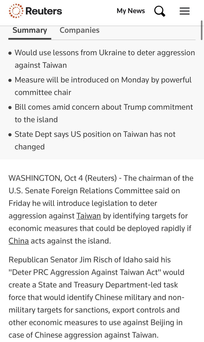💥美国会将出台《阻止中共国侵略台湾法案》，对CCP武力攻台立法进行全方位制裁

👉美国参议院外交关系委员会主席共和党参议员Jim Risch表示，他将近期提出《阻止中共国侵略台湾法案》，应对CCP进攻台湾。