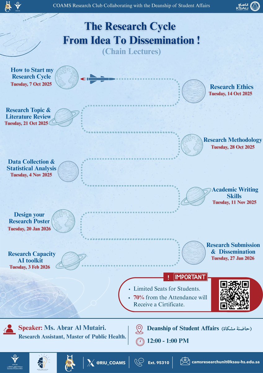 🚀 فرصتك الأخيرة للتسجيل!
تزامنًا مع #أسبوع_الفضاء_العالمي 🌌

انطلق معنا في رحلةٍ من نوعٍ آخر،
رحلة في عالم البحث العلمي من الفكرة حتى النشر 🪐

📅 تبدأ السلسلة: 7 أكتوبر 2025 
forms.gle/m3Ypbjj2yVKwri…

#كاساو