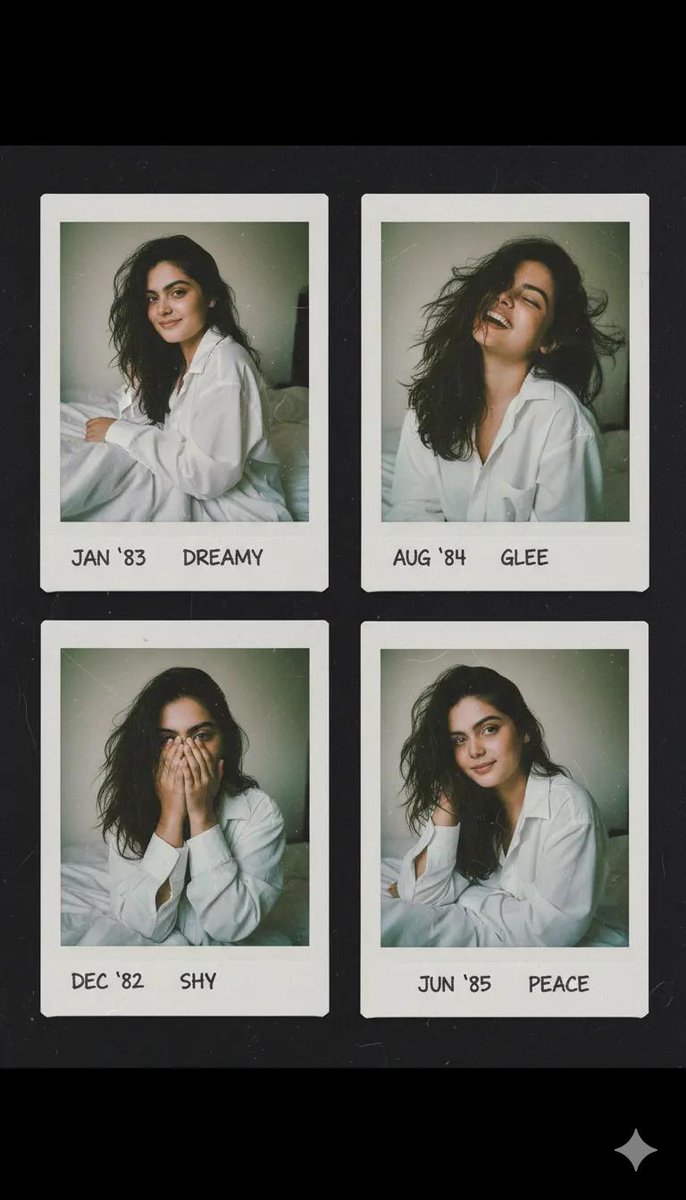 ShreyaYadav___'s tweet image. 🌸Create 4 Polaroid style portraits in a clean collage, white frames. 🌸
⚙️ Use Google Gemini ai ⚙️
1 Prompt:❤️
Don't change face . Create 4 Polaroid-style portraits in a clean collage, white frames. Authentic retro film look: faded tones, pastel, creamy whites, film grain,…