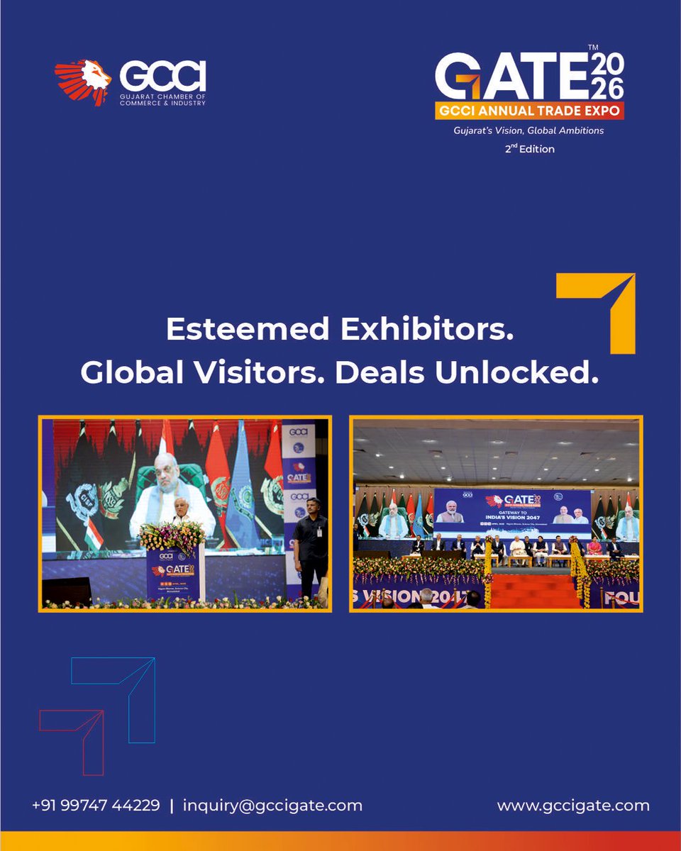 gccigate's tweet image. GATE 2025 marked a defining chapter in Gujarat’s trade journey. With record-breaking participation, path-breaking innovations & business delegations from across the globe, it set new benchmarks in scale & success for 2026.
16-17-18 April 2026
Helipad Exhibition Centre Gandhinagar