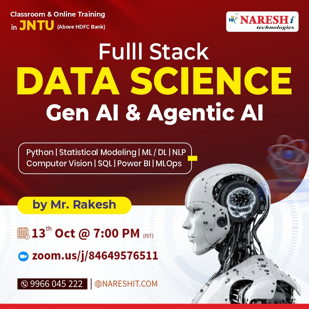 nareshitech's tweet image. 🚀 Launch Your Career with Full Stack Data Science — Gen AI & Agentic AI!
🔗 Register Now: t.ly/FSDA-13OCT
training by Mr. Rakesh at Naresh i Technologies.
📅 Date: 13th October 2025🕖 Time: 7:00 PM (IST)
#DataScience #FullStackDataScience #GenAI #AgenticAI #NareshIT