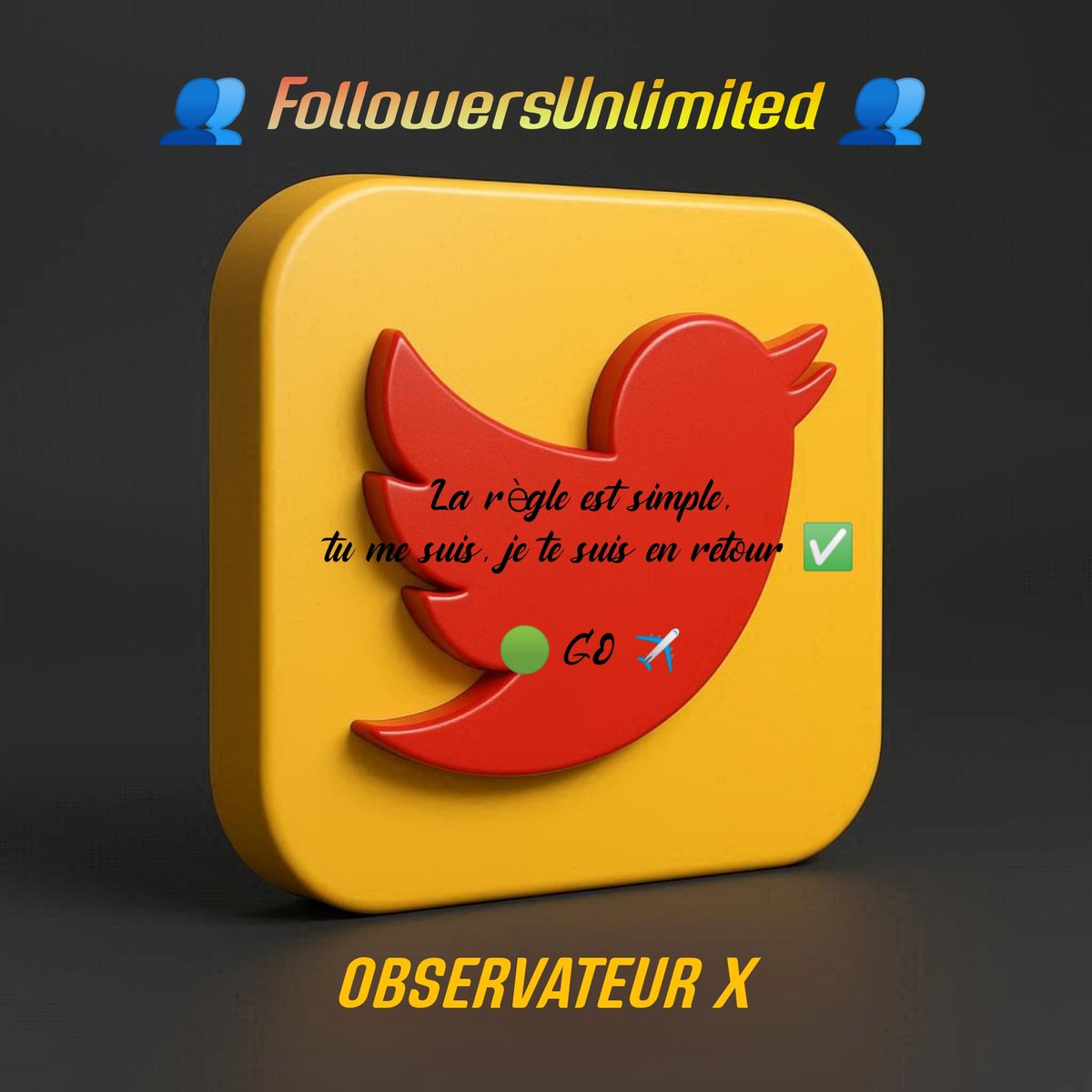 👥 FollowersUnlimited 👥

La règle est simple, 
tu me suis, je te suis en retour ✅

🟢 GO ✈️