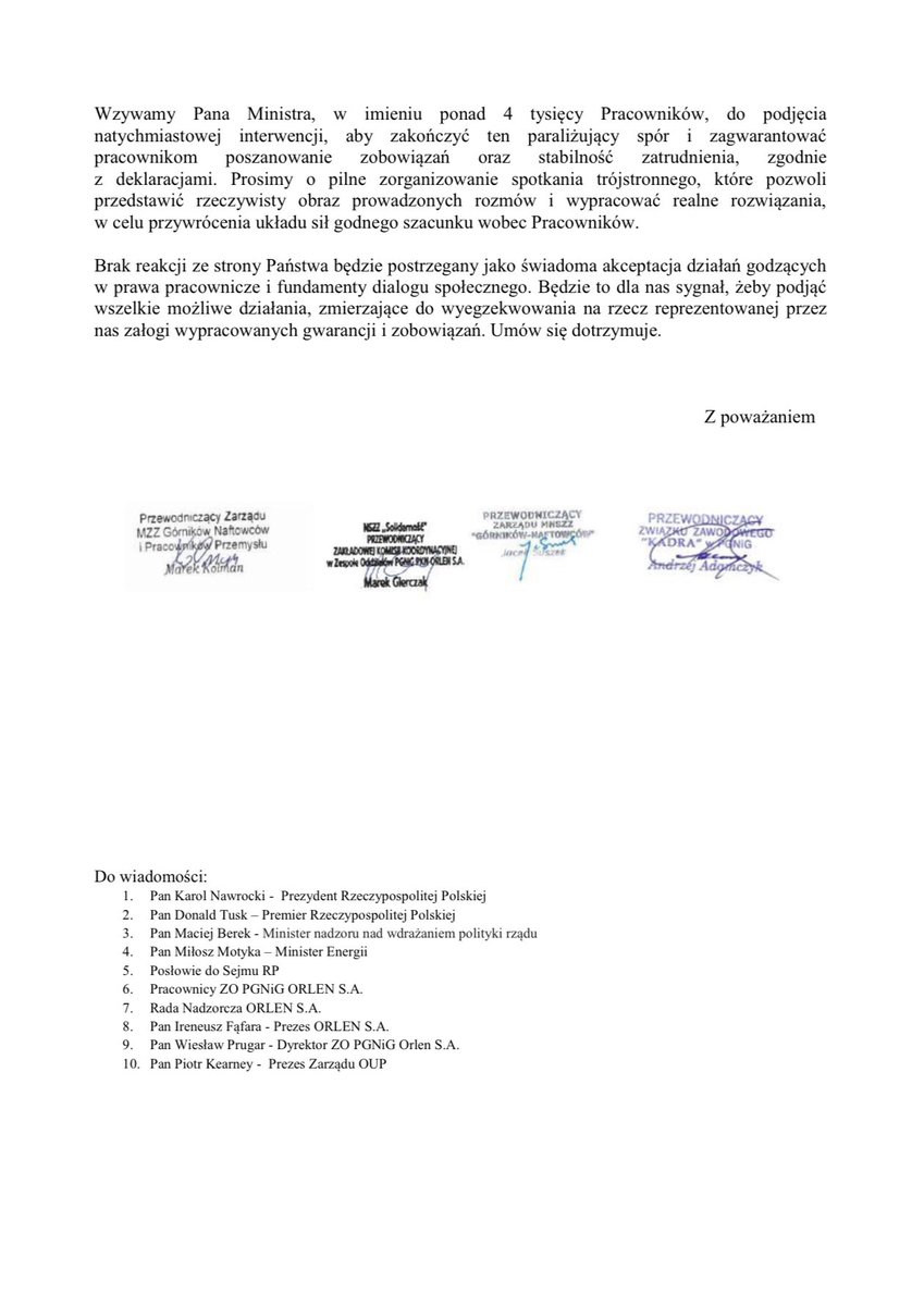 ❗️❗️❗️Tak właśnie wygląda prowadzenie dialogu społecznego przez ludzi związanych z obecną władzą. 

W Orlenie najpierw próbowano ludzi ograć i nie przyznać uzgodnionych gwarancji, a później wstrzymano  negocjacje dotyczące przejścia pracowników z Zespołu Oddziałów PGNiG Orlen do