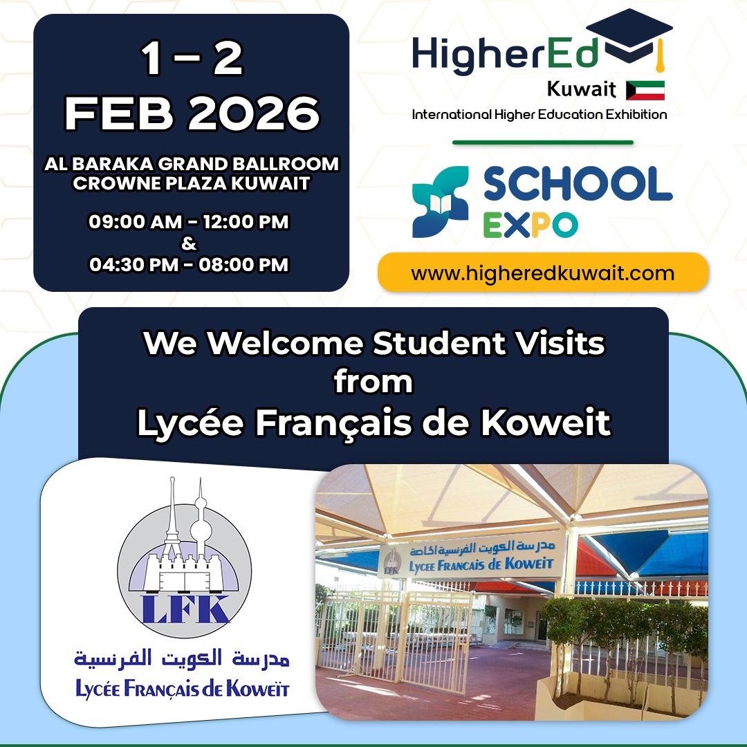 HigherEdkuwait's tweet image. 🎓 Excited to welcome Lycée Français de Koweït to #HigherEdKuwait 2026!
Students from Grades 11 &amp;amp; 12 will explore global university opportunities 🌍📚
📅 Feb 1–2, 2026
📍 Crowne Plaza, Kuwait
🕘 9 AM–12 PM | 4:30–8 PM
📩 info@higheredkuwait.com
#LyceeFrancaisDeKoweit