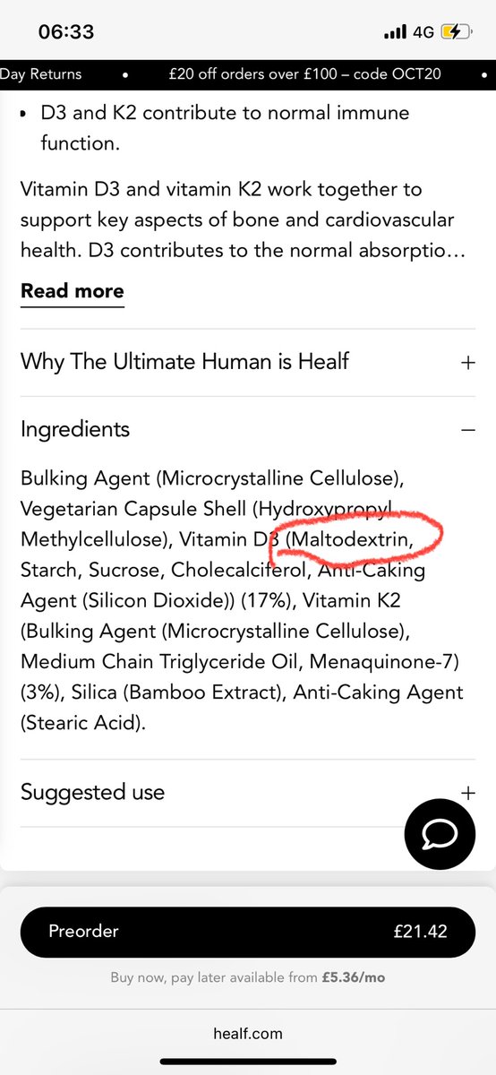 bkulacs's tweet photo. @thegarybrecka are you fucking out of your mind? I seriously thought you know better than this? Maltodextrin in your D3 + K2 supplement and Dextrose in your H2 Tablets? Are you joking or what? Why would you put that shit in there Gary? https://t.co/2WkKWLbI86