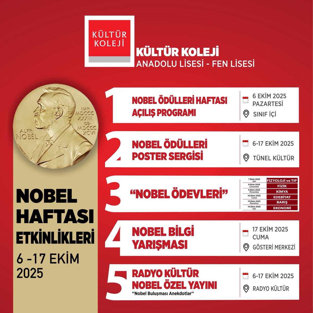 2025 Nobel Ödülleri Etkinlik Haftası 6–17 Ekim tarihleri arasında gerçekleşiyor!
Kültür Koleji olarak bizler de her yıl geleneksel hale gelen “Nobel Farkındalığı Programı” ile öğrencilerimizi bilimin, keşfetmenin ve insanlığa katkı sunmanın değerini fark etmeye teşvik ediyoruz.