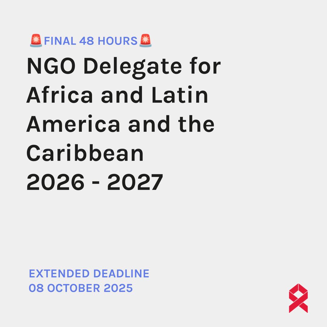 🚨 FINAL CALL!

Only 48 hours left to apply as an NGO Delegate (2026–2027) to the UNAIDS PCB.

🌍 Africa
🌎 Latin America &amp; the Caribbean
Represent communities. Shape HIV policy. Speak truth to power.

📅 Deadline: 8 Oct 2025
🔗 unaidspcbngo.org/vacancies/

#HIV #CivilSociety #UNAIDS