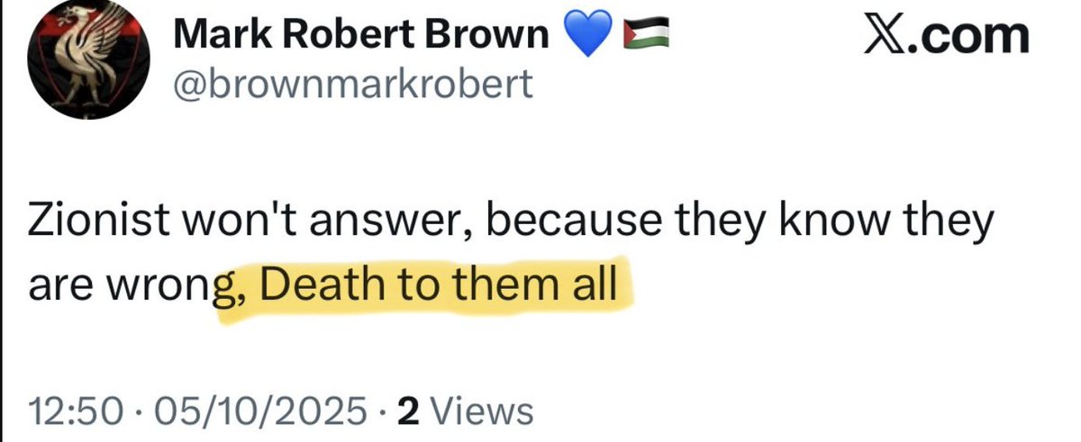Mark Robert Brown (<a href="/brownmarkrobert/">Mark Robert Brown 💙🇵🇸</a>), an NHS worker from Clacton, wants 14m of the world's 15m Jews to die. He's a danger. <a href="/wesstreeting/">Wes Streeting</a>, <a href="/EssexPoliceUK/">Essex Police</a>, <a href="/TerrorismPolice/">Counter Terrorism Policing</a>