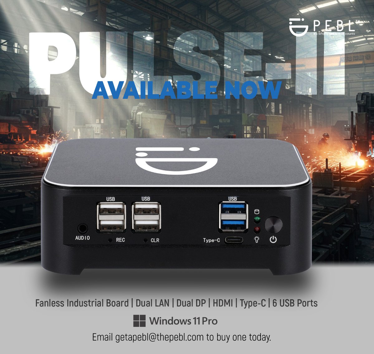 PEBL PULSE‑II N100

Fanless, dust-resistant, &amp; built to run 24/7. Dual LAN, 6 USB ports, HDMI, DP, Type-C, runs Windows 11 Pro or Linux.

Perfect for factories, smart networks, edge computing, or anywhere silence + reliability matters.

getapebl@thepebl.com

#Industrial #MiniPC