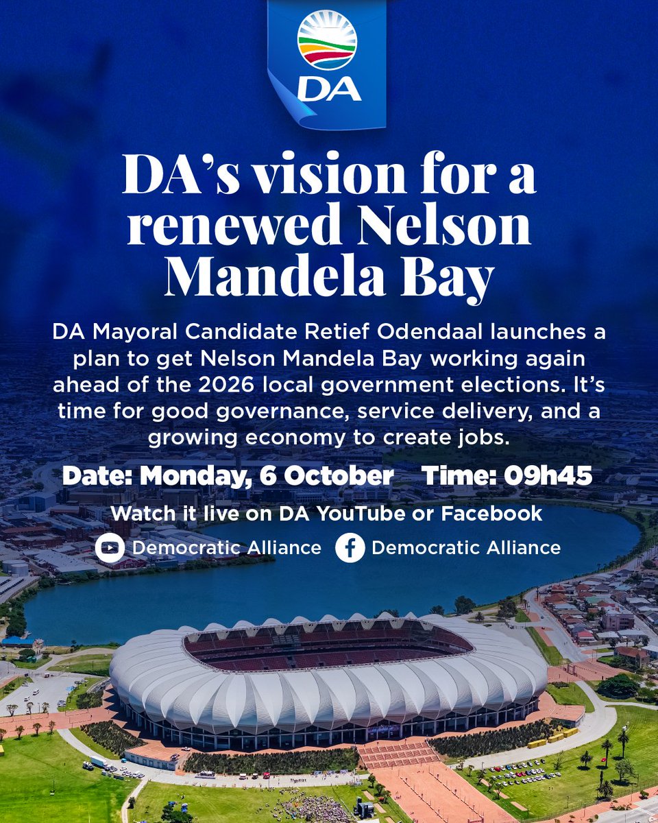 Our_DA's tweet image. 📢 Today at 09h45, DA Mayoral Candidate Retief Odendaal launches a plan to #GetNMBworkingAgain, delivering real services, jobs and a growing economy ahead of the 2026 Elections.

🔵 Watch live on Facebook or YouTube: youtube.com/live/ykMaBcK1l…