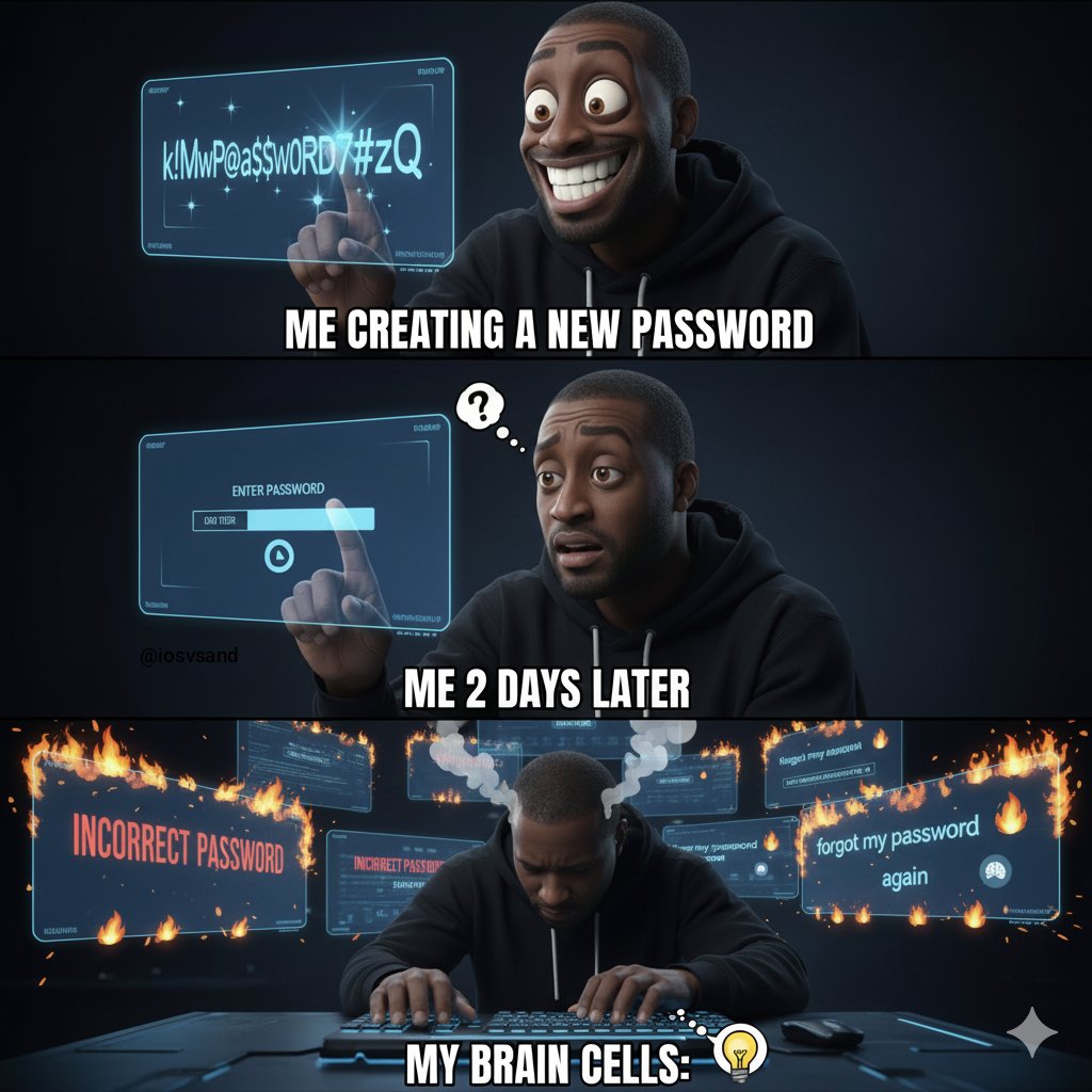 iosvsand's tweet image. My brain trying to recall that &apos;super secure&apos; password I made just days ago. The struggle is real! 🤦‍♂️ #PasswordStruggles #TechHumor #ForgotMyPassword #BrainFog