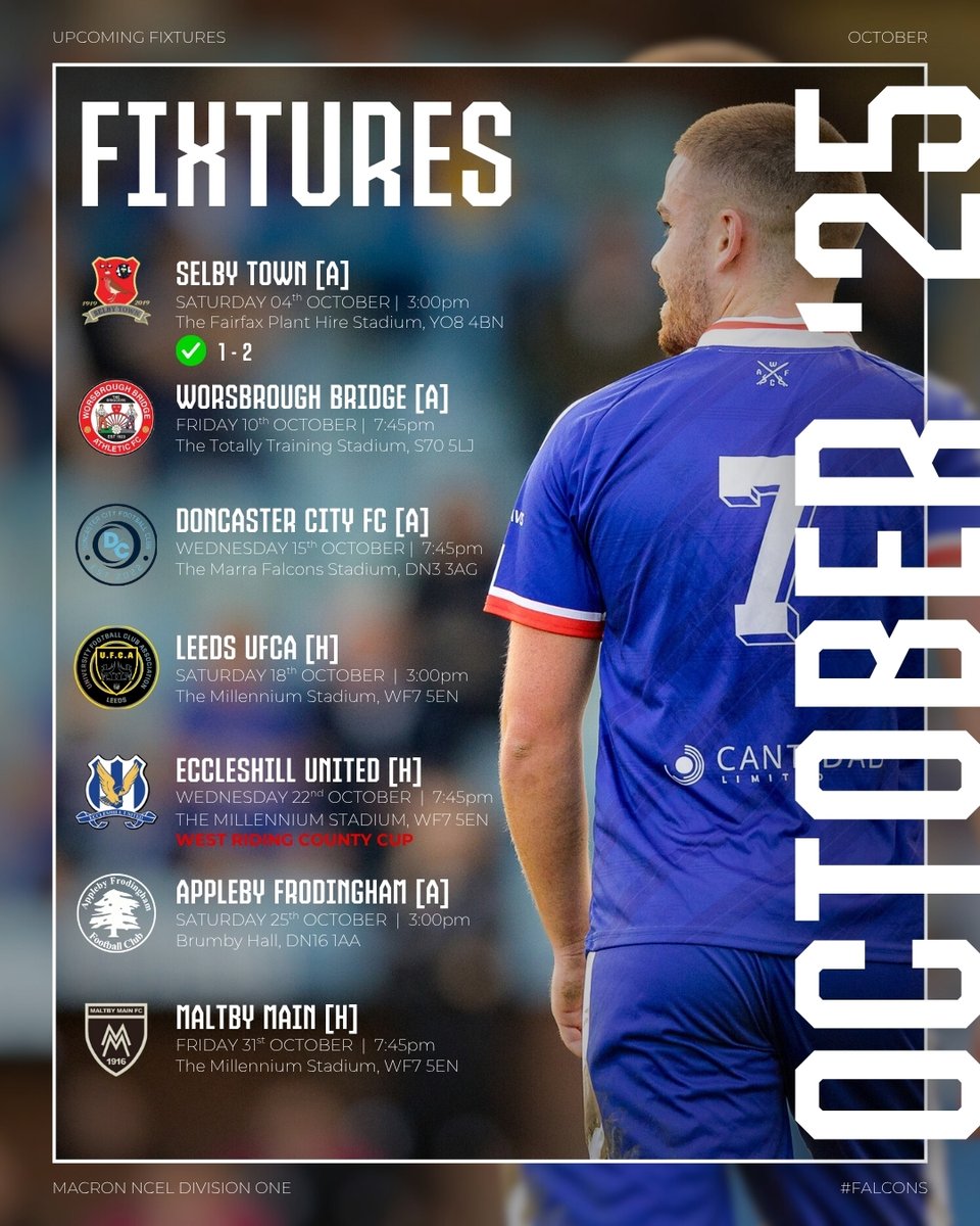 🆚 | NEXT UP!

Our second of seven games this month, as we head to Worsbrough Bridge on Friday evening.

A tough test ahead for the Falcons as Worsbrough have been in fine form so far this season, winning 10 of their 13 games so far. 

Your support, as always, has been amazing
