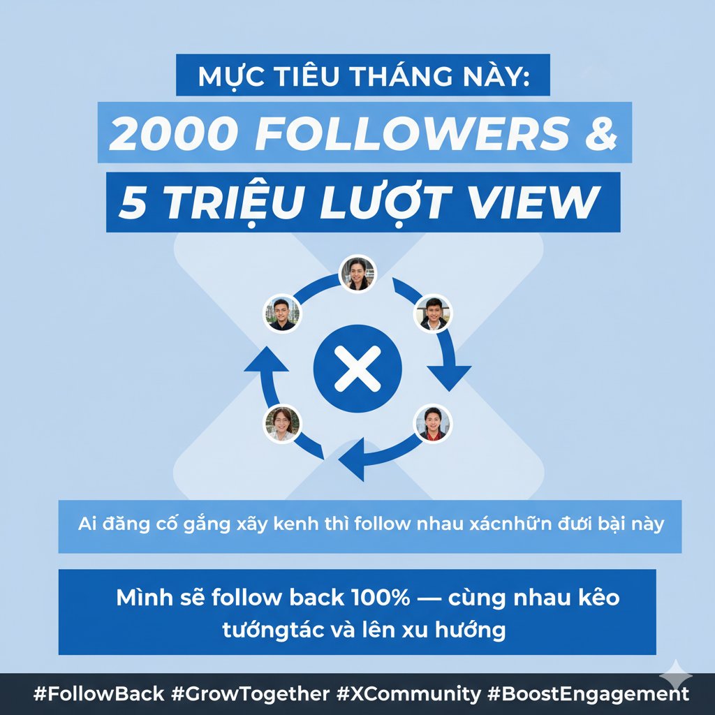 Mục tiêu : 2000 followers &amp; 5 triệu lượt view

Ai đang có cùng mục tiêu  thì follow, xác nhận dưới bài này nhé: 
Mình sẽ follow back 100% — cùng nhau kéo tương tác và lên xu hướng
Ngoài ra đang cày <a href="/EdgenTech/">Edgen</a>  $GDOT <a href="/BioProtocol/">Bio Protocol</a> cùng hỗ trợ nhau 

#FollowBack