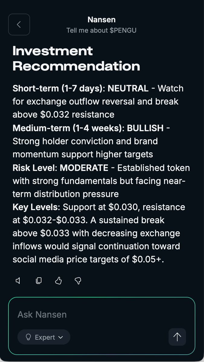 nansen_ai's tweet image. Just in case you forgot about $PENGU, here's what Nansen AI has to say about 🐧
- Daily volume at $461M
- Smart Money sitting on 100%+ gains, and not selling
- Fresh wallets added $2.5M
Short term neutral, Medium term, bullish 🐧