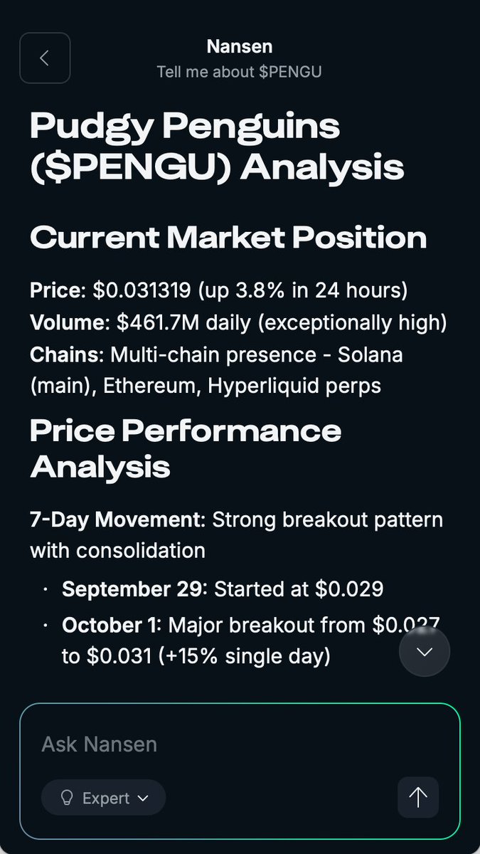 nansen_ai's tweet image. Just in case you forgot about $PENGU, here's what Nansen AI has to say about 🐧
- Daily volume at $461M
- Smart Money sitting on 100%+ gains, and not selling
- Fresh wallets added $2.5M
Short term neutral, Medium term, bullish 🐧