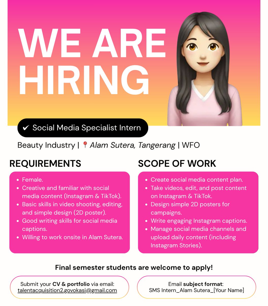 sipetify's tweet photo. Hi! Aku ada info loker untuk Social Media Specialist Intern (Jaksel &amp; Alam Sutera), Freelance SEM Specialist, &amp; Freelance Tech Project Manager. For those interested, kindly send your CV &amp; portfolio ke email yang tertera or DM me yaa. Thank youu!

#InfoLoker #Magang #Freelance https://t.co/BHumRcbHho