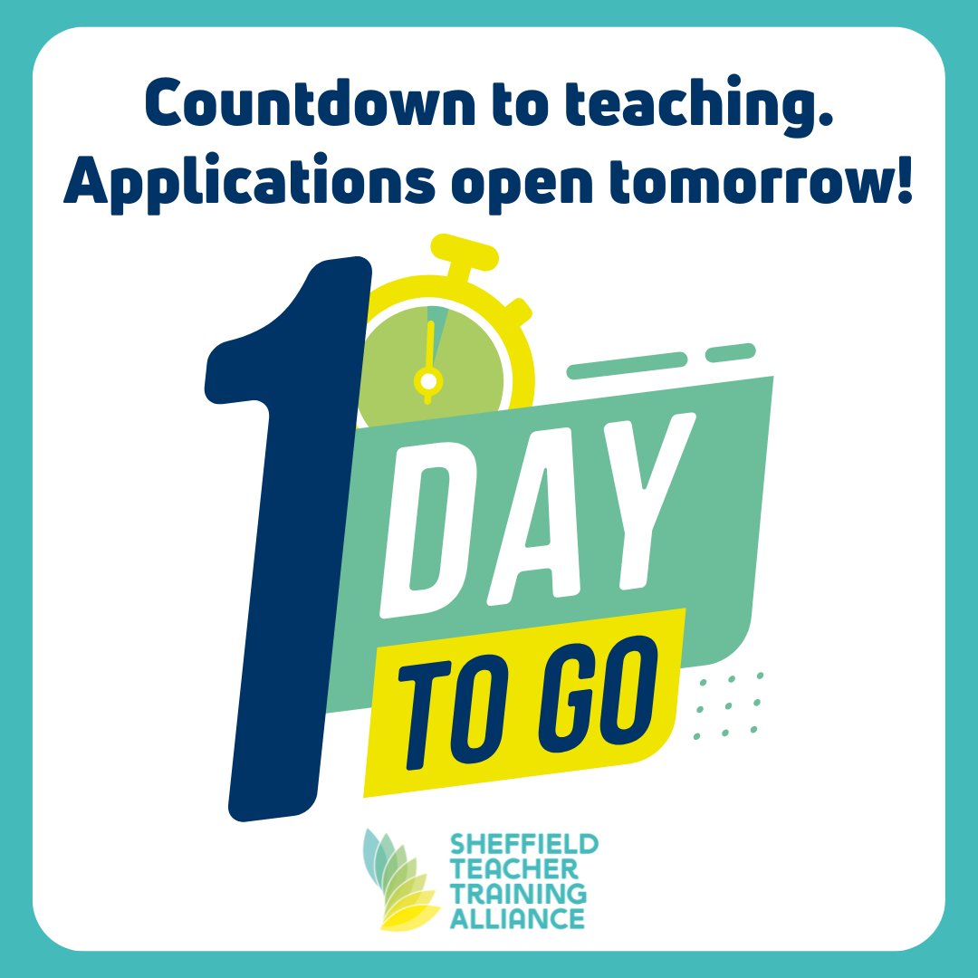 SheffieldTTA's tweet image. Just one day to go! Teacher training applications open tomorrow. Are you ready to inspire the next generation and take the first step on your teaching journey? ow.ly/5Ge950X1qoL

#GetintoTeaching #TeacherTraining #STTA